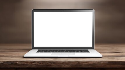 Modern laptop computer with blank screen on wooden surface in soft lighting environment.