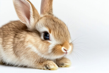 Detailed shot of a baby rabbit sitting in a natural relaxed pose, soft fur and whiskers visible, on a plain white background. 