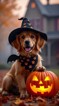 Happy dog in witch hat with pumpkin for Halloween celebration  