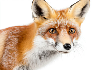 Fototapeta premium Detailed shot of a red fox standing with an alert expression, fluffy tail curled slightly, against a pure white background. 
