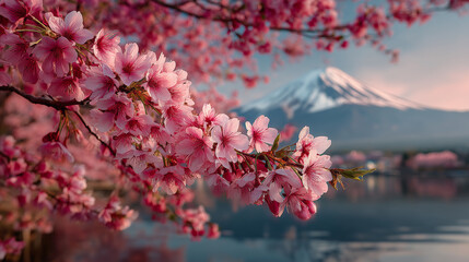 Fototapeta premium Pink Blossoms and Majestic Mountain at Sunrise