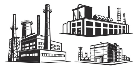 Obraz premium Industrial Factory Buildings Vector Illustration, Black and White