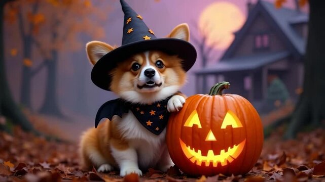 Corgi in witch hat sitting beside carved pumpkin for Halloween  