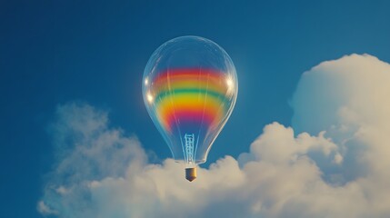 Fototapeta premium Rainbow Lightbulb Hot Air Balloon Soaring Through Clouds