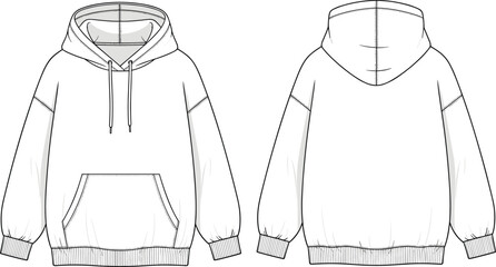 Unisex oversized hoodie flat sketch front and back view, kangaroo pocket, drawstring hood, technical fashion CAD drawing vector illustration