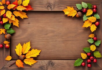 Rustic wooden frame adorned with autumn leaves, acorns, and berries,  macro,  photography