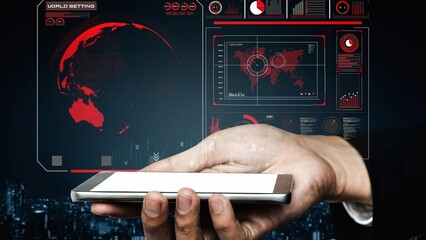 High-tech global network connection interface showing worldwide digital communication, data...