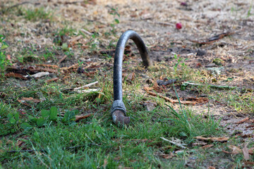 A curved metal pipe emerges from the earth amid grass and scattered wood debris, possibly marking...