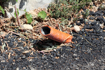 A broken orange pipe lies on rough asphalt and dry plant debris, highlighting urban waste amid wild...