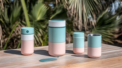 Stylish Pastel Teal and Pink Travel Mugs Set on Wooden Table Outdoors