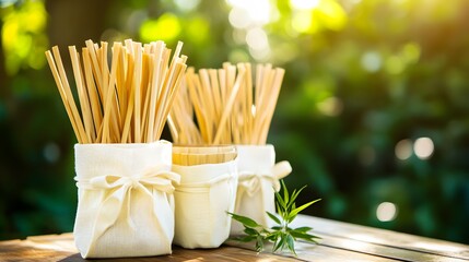 Wooden Sticks in Fabric Pouches Eco Friendly Natural Background