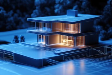 A futuristic architectural model of a modern house with illuminated interiors and blue wireframe details