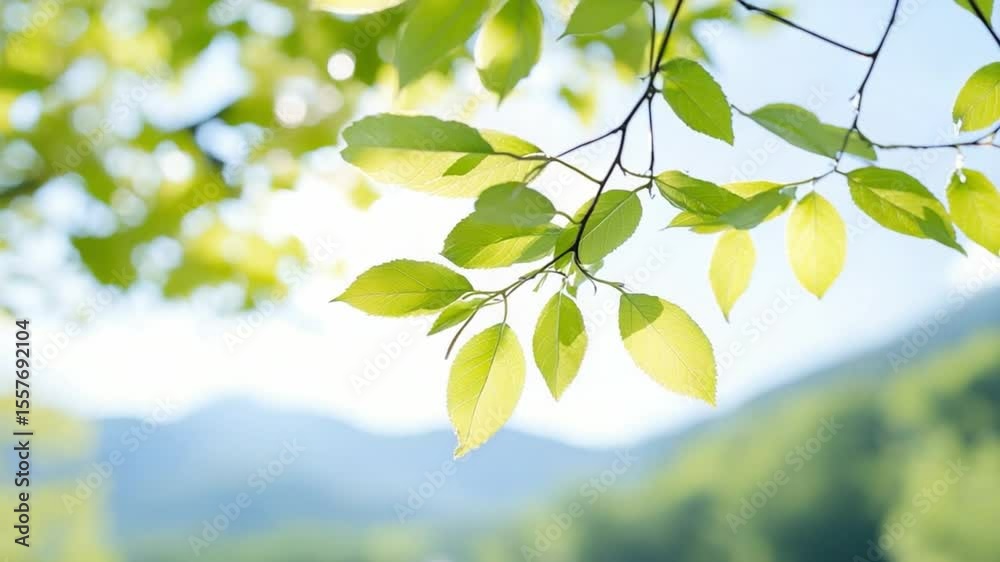 Poster sunlight dappled leaves: close-up of vibrant, sunlit green leaves on a branch, gently swaying in a s