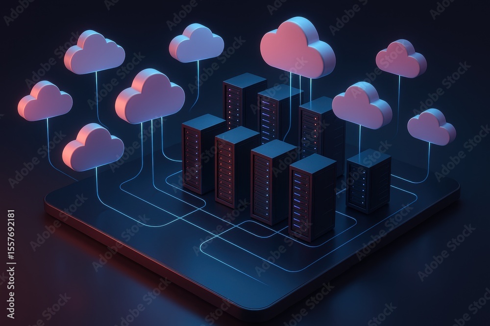 Fototapete Cloud Computing Data Center: A cluster of sleek servers is nestled within a network of interconnected clouds, symbolizing the seamless integration of cloud computing and data storage.