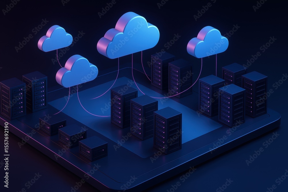 Fototapete Digital Cloud Connectivity: A visual representation of a seamless digital cloud environment, with glowing blue clouds linked to rows of server racks.