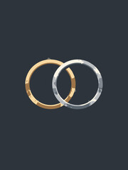 Minimalist wedding anniversary poster with two interlocking geometric rings, in metallic gold, silver, and a deep charcoal background
