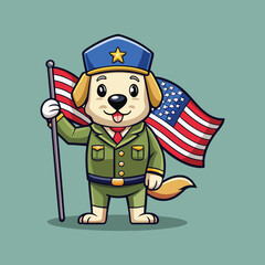 Cute Labrador dog in military USA outfit saluting holding American flag patriotic vector illustration