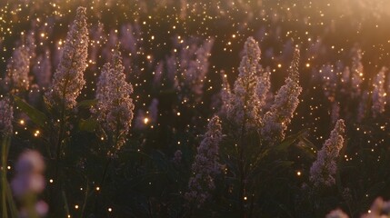 Magical Sunset Meadow: Firefly Sparkle and Lavender Flowers