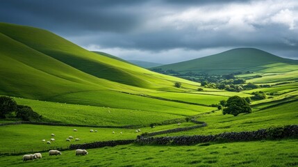 Lush green valley, sheep grazing