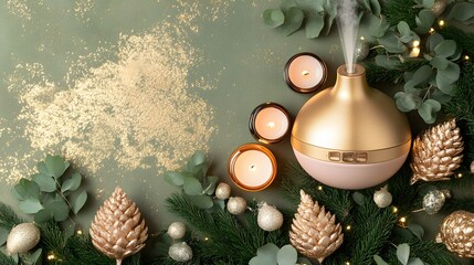 Elegant Gold Aroma Diffuser with Candles and Festive Greenery