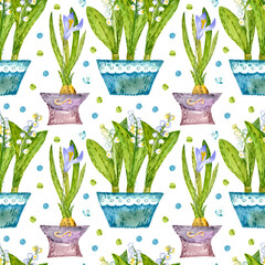 Delicate white lily of the valley flowers, collection of watercolor flowers, seamless pattern on white background.