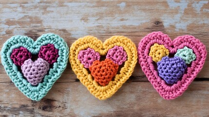 Colorful Crochet Heart Decorations on Wooden Background
