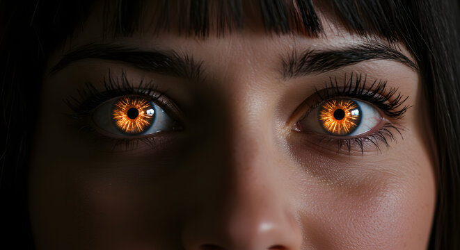 Close-up of a woman's face, showcasing eyes with bright orange, starburst-like pupils.