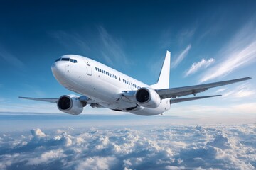 Fototapeta premium White Airplane in Flight Above Fluffy Clouds and Blue Sky