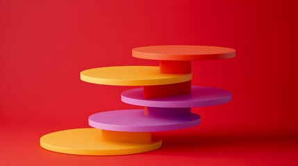 Abstract Colorful 3D Cylinders Stack Red Background Product Display