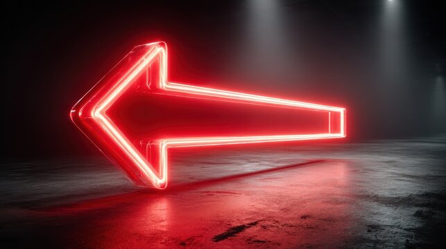 Illuminated red arrow sign pointing left on dark concrete surface