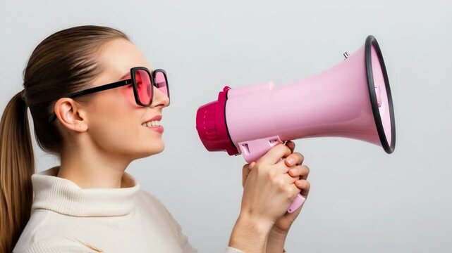 Enthusiastic young woman with long hair, dressed casually, is shouting into a pink megaphone against a vivid pink backdrop, radiating energy and positivity in a lively and cheerful setting