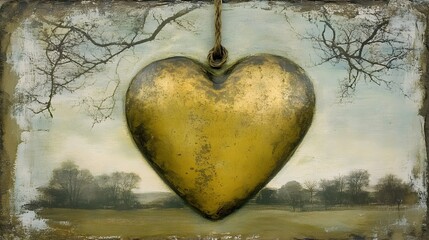 Rustic Gold Heart Hanging Landscape Art Print