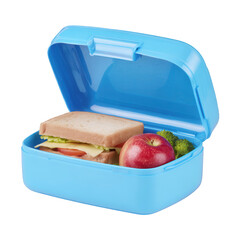 Blue plastic school lunch box with a sandwich, apple, and vegetables isolated on a white background, png, transparent