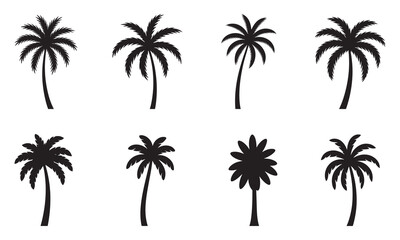 Obraz premium Eight Black Palm Tree Silhouettes on White Background Vector Illustration