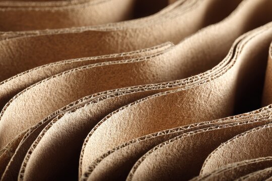 Close up shot of layered brown corrugated cardboard showing texture and repeating wavy patterns evenly spaced