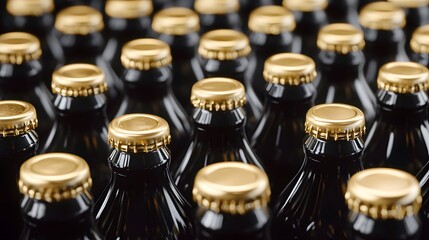 Close-up of Many Black Glass Bottles with Gold Caps