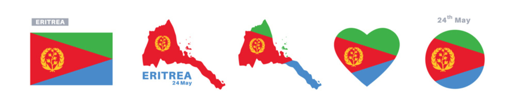 eritrea flag and map set. eritrea flag in official colors and proportions. independence day 24 may, map, circle and heart shaped eritrea 