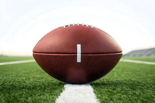 An american football sits on the green grass of a sports field ready for the game