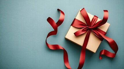 Elegant Gift Box with Red Ribbon on Teal Background