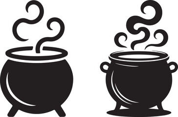 Set of black silhouettes of Halloween witch cauldrons, witches black cauldron with boiling magic potion isolated on white background