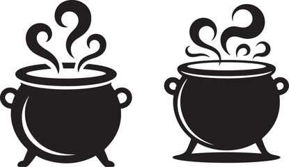 Set of black silhouettes of Halloween witch cauldrons, witches black cauldron with boiling magic potion isolated on white background