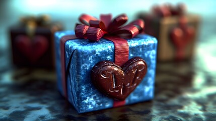 Blue Gift Box with Heart Decoration Romantic Present 3D Render