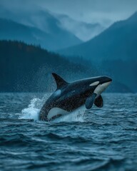 Fototapeta premium Killer whale breaching the water with mountain backdrop at dusk