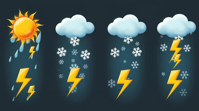 Four weather icons depict sunny rain snowy lightning snow  thunderstorm against a dark gradient background