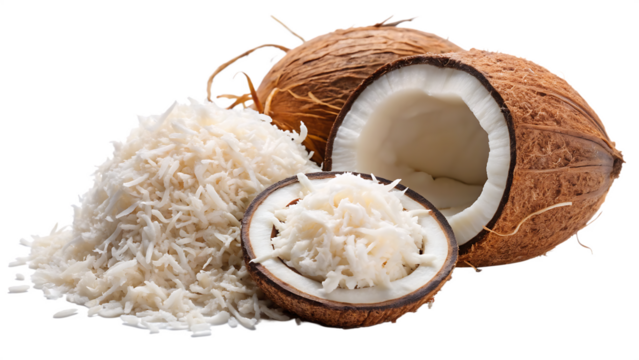 Whole and halved coconuts with pile of shredded coconut flakes isolated on a transparent background tropical fruit