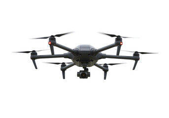 A sophisticated drone with a high-resolution camera, poised mid-air, symbolizing technology and surveillance, isolated on white or transparent background. PNG