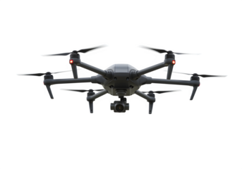A sophisticated drone with a high-resolution camera, poised mid-air, symbolizing technology and surveillance, isolated on white or transparent background. PNG