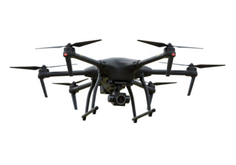 A sophisticated drone with a high-resolution camera, poised mid-air, symbolizing technology and surveillance, isolated on white or transparent background. PNG