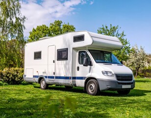 Naklejka premium Camper van parked on green grass under blue sky during springtime