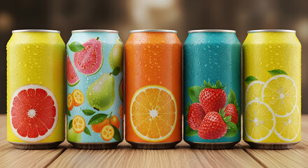 Assortment of Colorful Fruit-Flavored Soda Cans on a Wooden Table